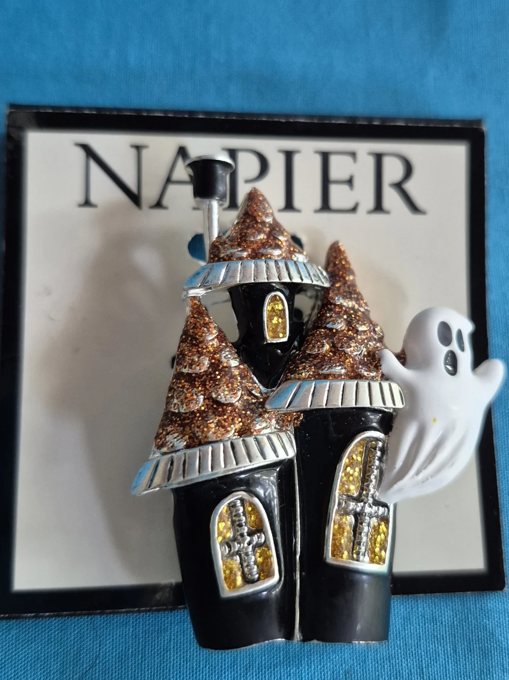 Napier Halloween Haunted House Ghost Brooch Pin Enamel Silver Tone NWT